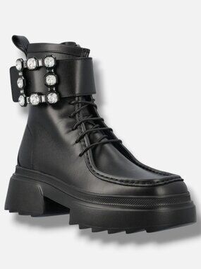 Roger Vivier Women's Black Wallaviv Strass Buckle Leather Boots Shoe Size 39.5